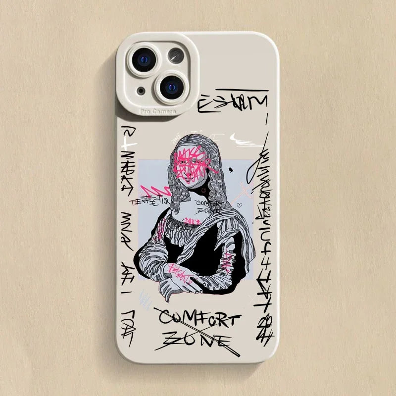 Mona Lisa Graffiti Art Portrait iPhone Case Soft Silicone with Raised Camera Frame and Lens Guard