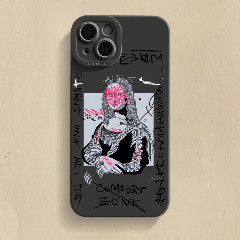 Mona Lisa Graffiti Art Portrait iPhone Case Soft Silicone with Raised Camera Frame and Lens Guard