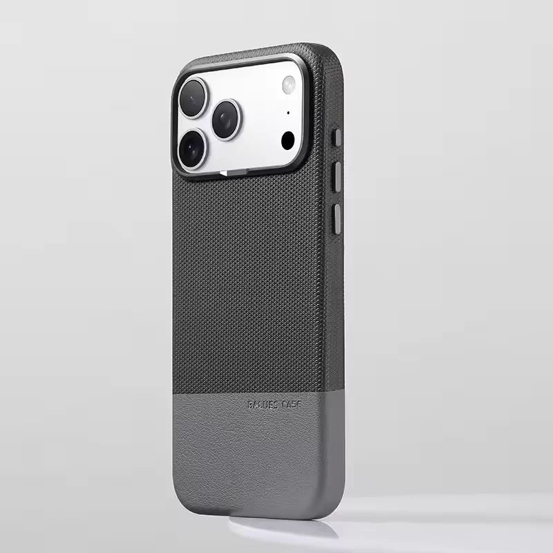 Two Tone Textured iPhone Case with Leather Panel and Metal Style Camera Frame