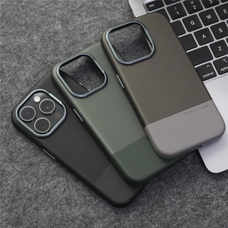 Two Tone Textured iPhone Case with Leather Panel and Metal Style Camera Frame