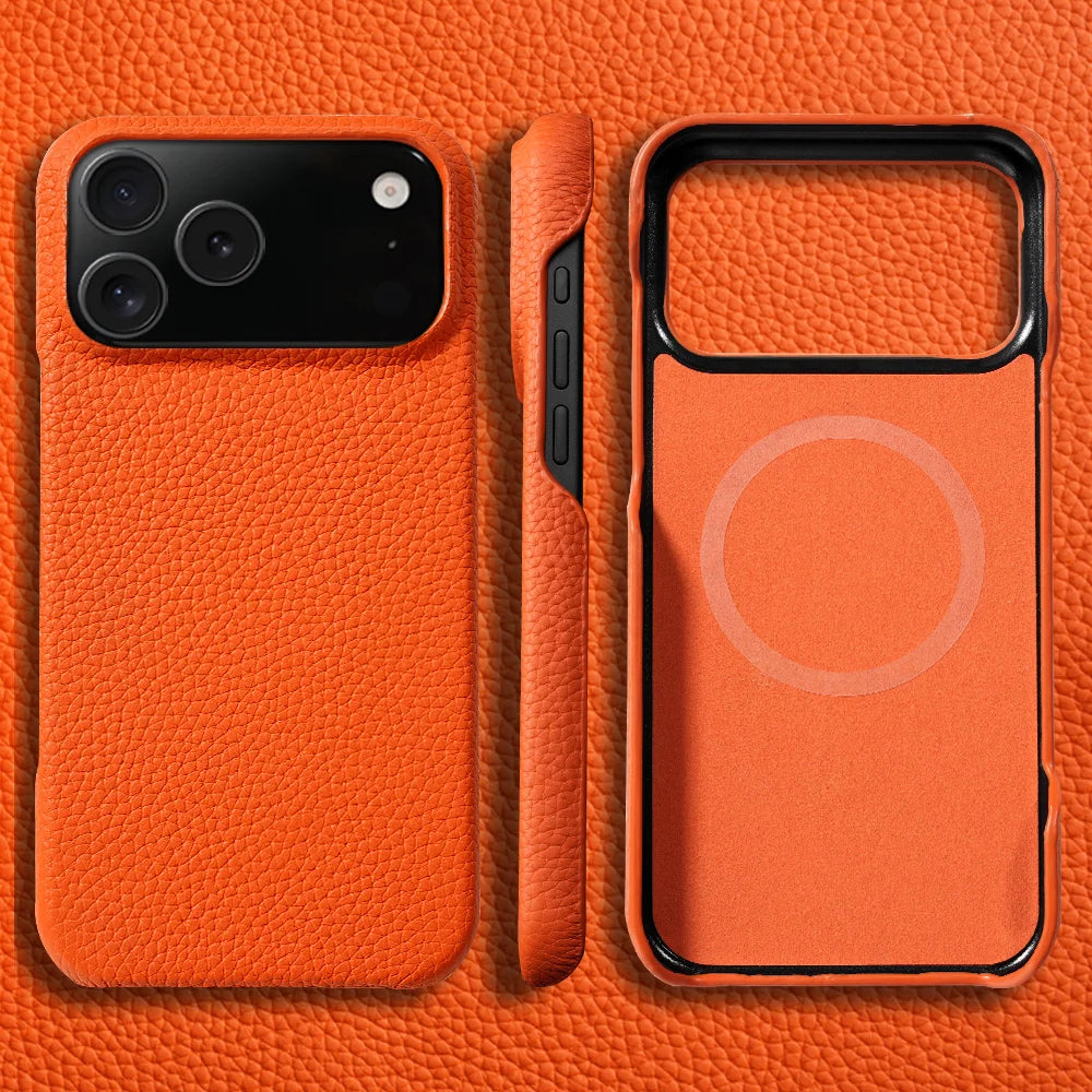 Premium Grain Leather Look iPhone Case Open Edge Design with Exposed Buttons