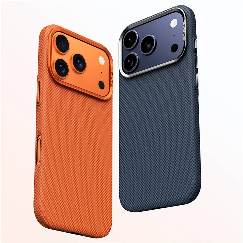 Carbon Fiber Style iPhone Case with Camera Lens Kickstand and Metal Style Frame