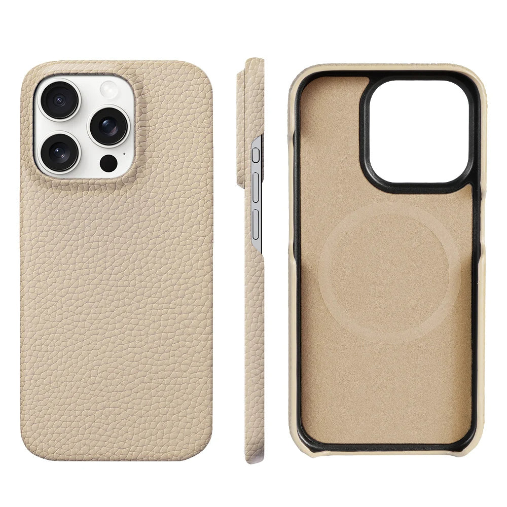 Premium Grain Leather Look iPhone Case Open Edge Design with Exposed Buttons