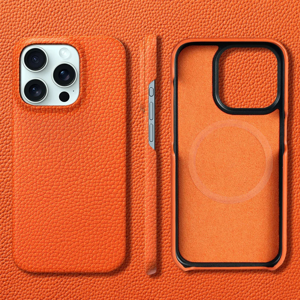 Premium Grain Leather Look iPhone Case Open Edge Design with Exposed Buttons