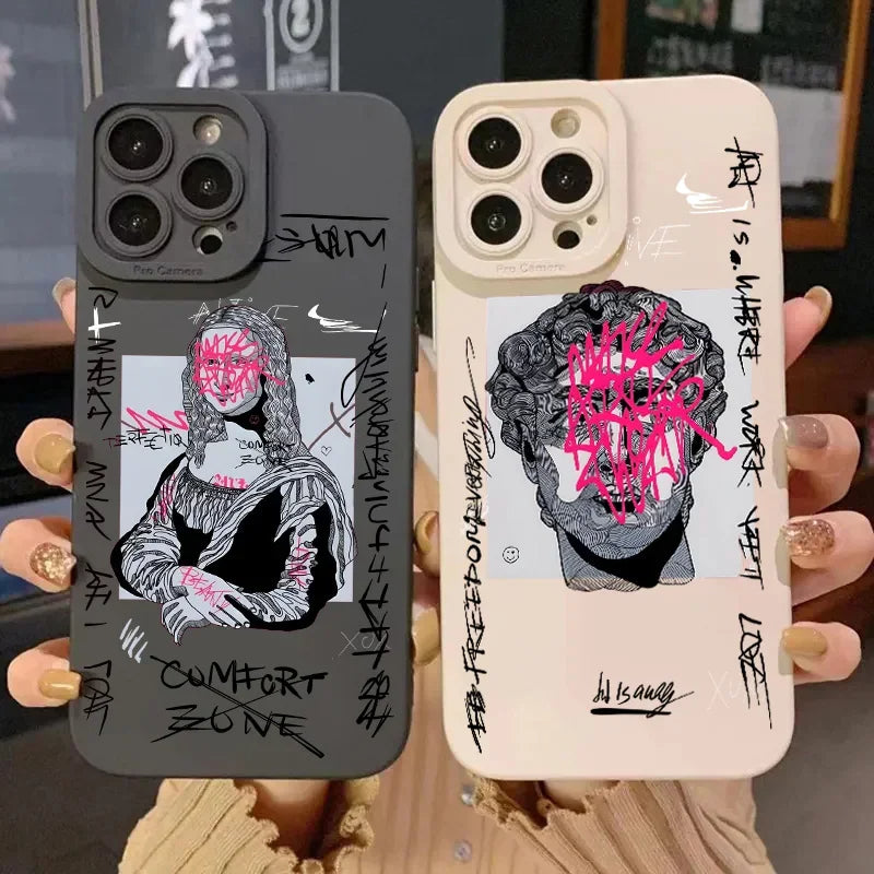 Mona Lisa Graffiti Art Portrait iPhone Case Soft Silicone with Raised Camera Frame and Lens Guard