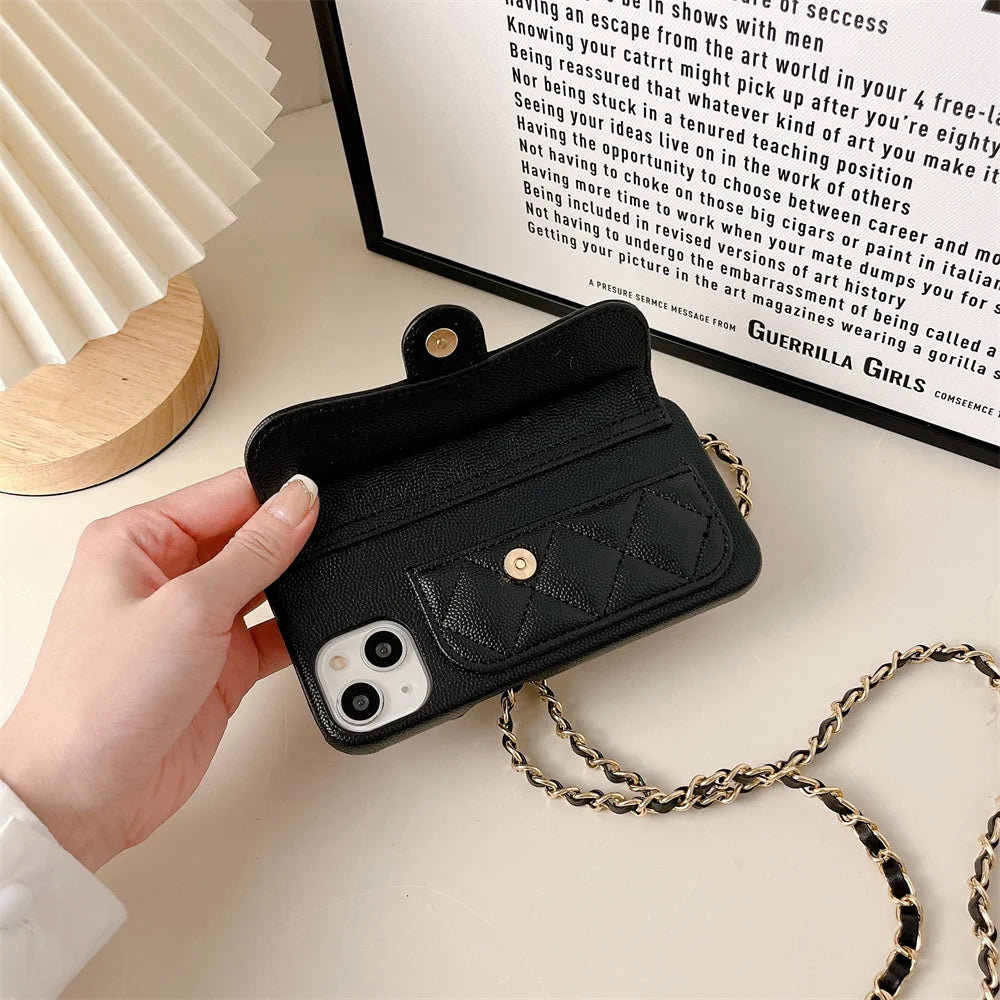 Quilted Crossbody iPhone Case with Card Holder Wallet and Detachable Chain Strap