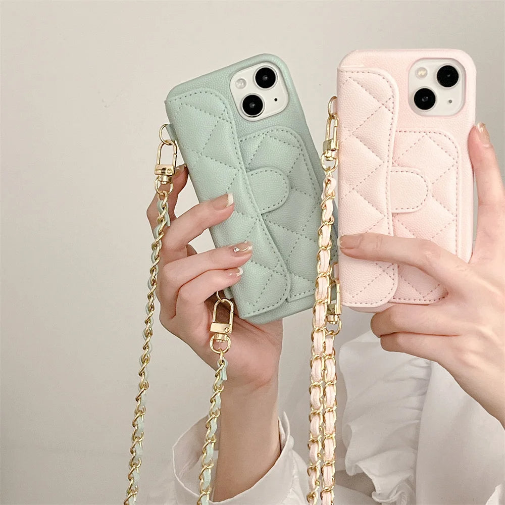 Quilted Crossbody iPhone Case with Card Holder Wallet and Detachable Chain Strap