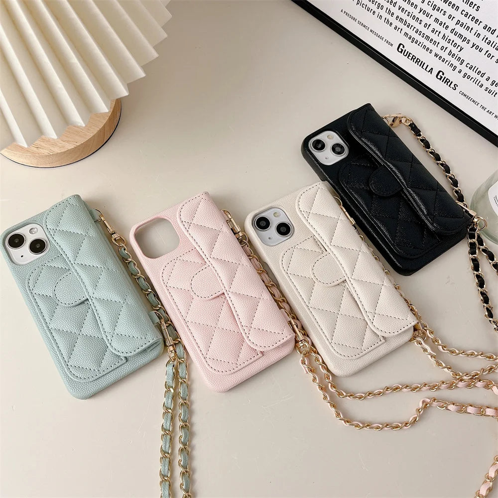 Quilted Crossbody iPhone Case with Card Holder Wallet and Detachable Chain Strap