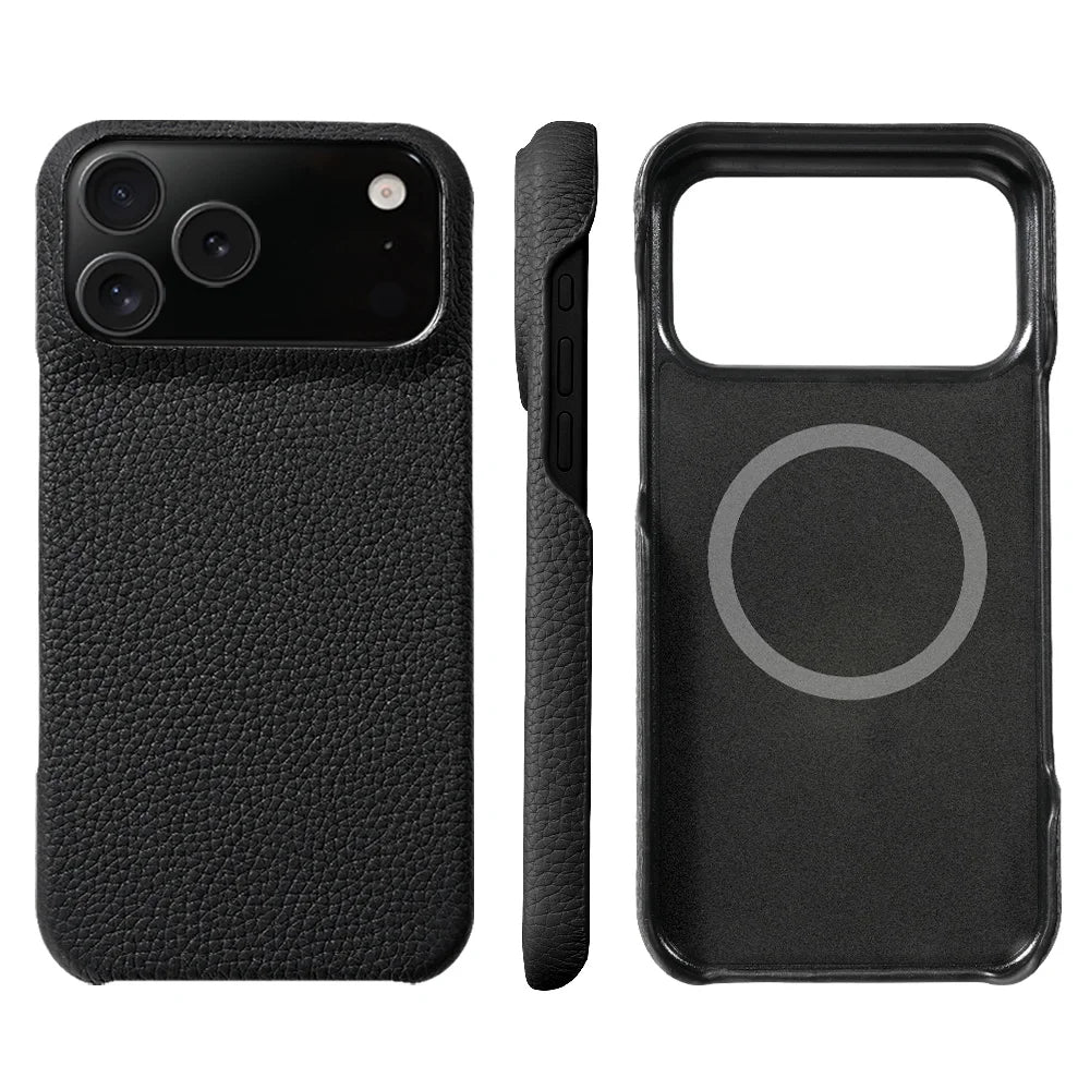 Premium Grain Leather Look iPhone Case Open Edge Design with Exposed Buttons