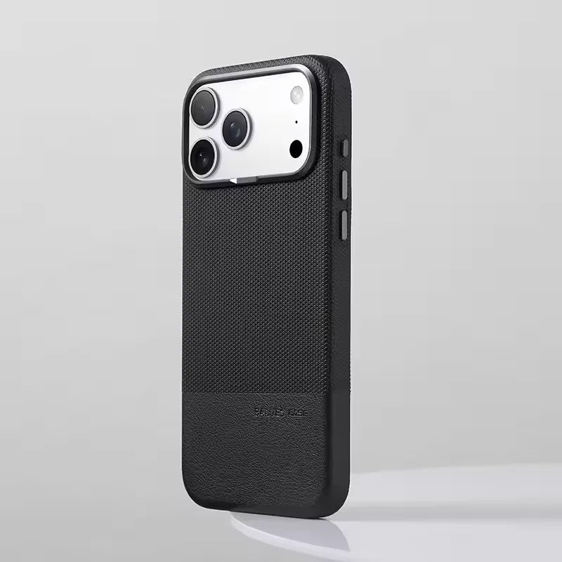 Two Tone Textured iPhone Case with Leather Panel and Metal Style Camera Frame