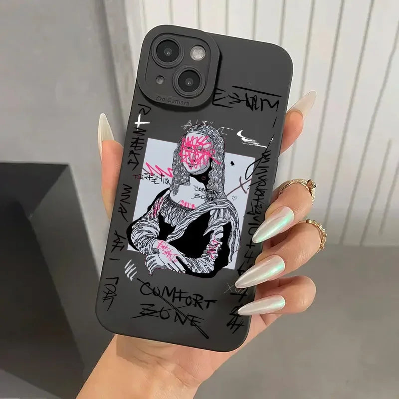 Mona Lisa Graffiti Art Portrait iPhone Case Soft Silicone with Raised Camera Frame and Lens Guard