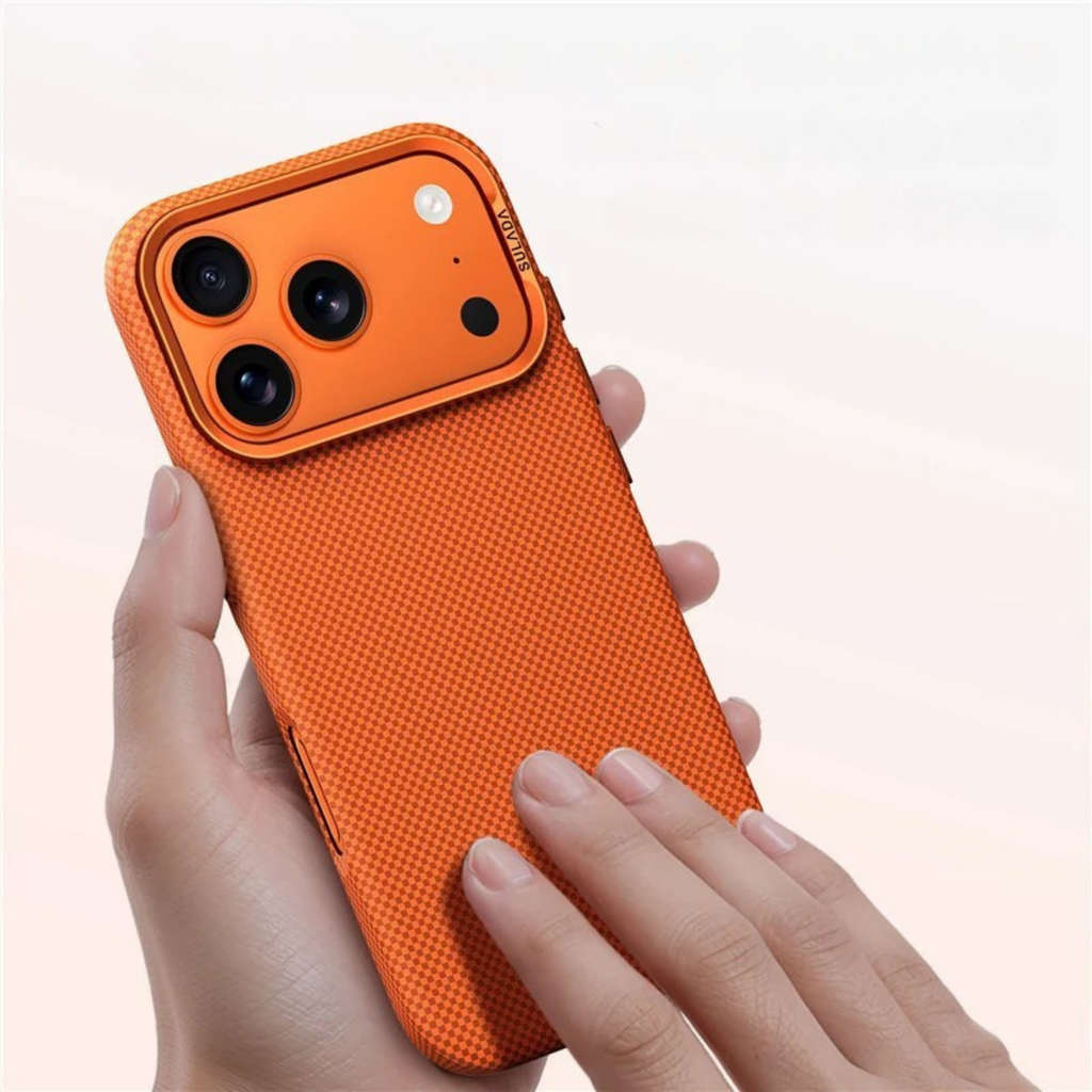 Carbon Fiber Style iPhone Case with Camera Lens Kickstand and Metal Style Frame