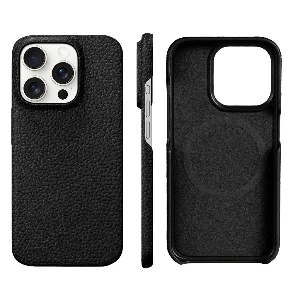 Premium Grain Leather Look iPhone Case Open Edge Design with Exposed Buttons