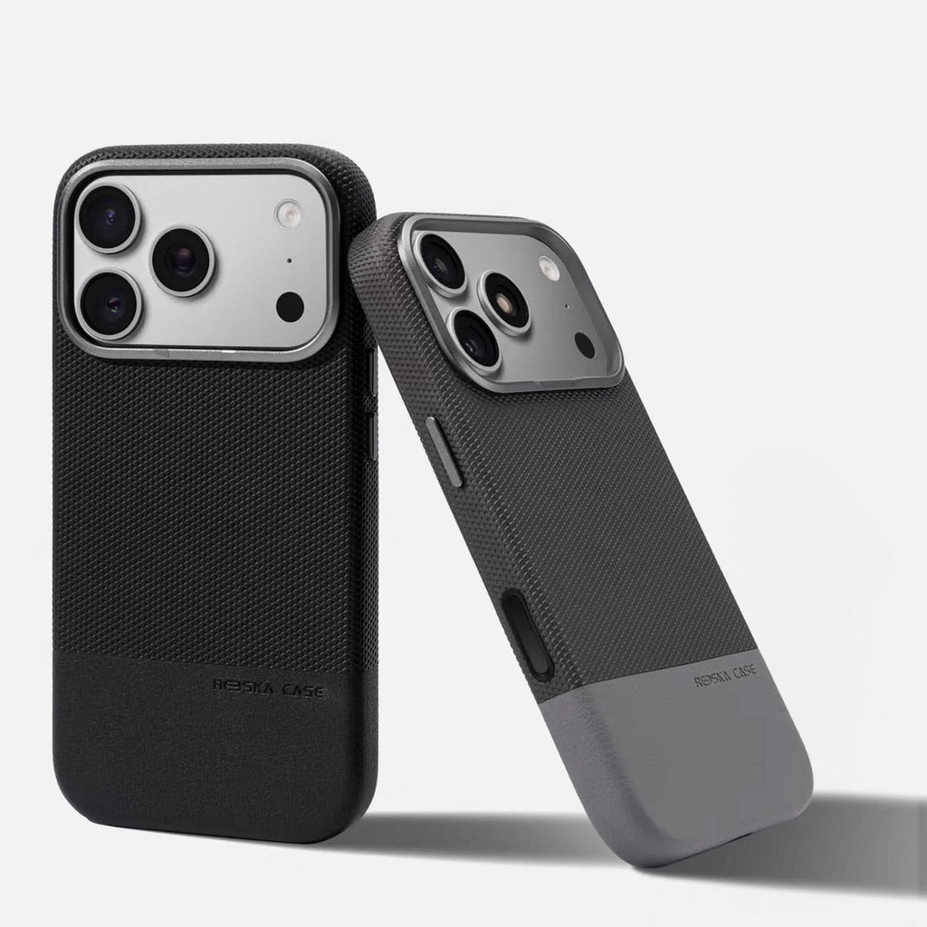 Two Tone Textured iPhone Case with Leather Panel and Metal Style Camera Frame