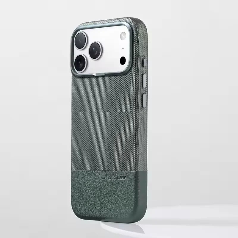 Two Tone Textured iPhone Case with Leather Panel and Metal Style Camera Frame