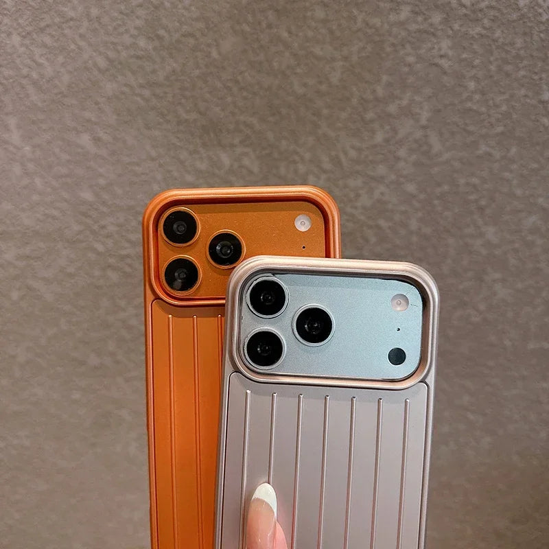 Brushed Metal Look iPhone Case with Vertical Groove Pattern and Camera Lens Guard
