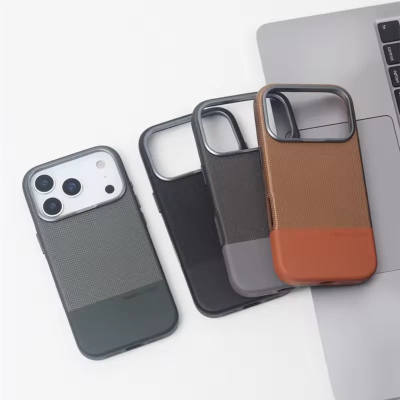 Two Tone Textured iPhone Case with Leather Panel and Metal Style Camera Frame