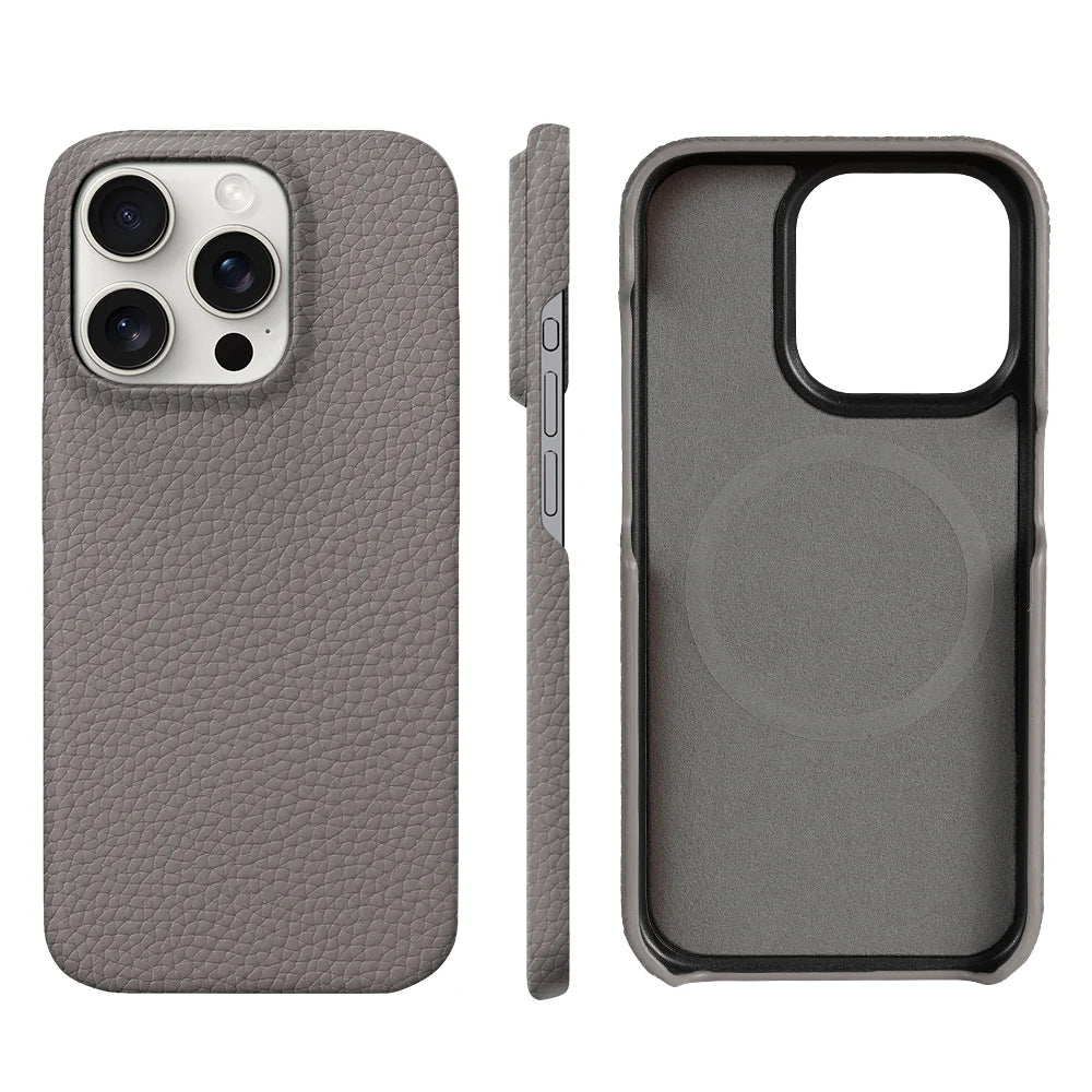 Premium Grain Leather Look iPhone Case Open Edge Design with Exposed Buttons