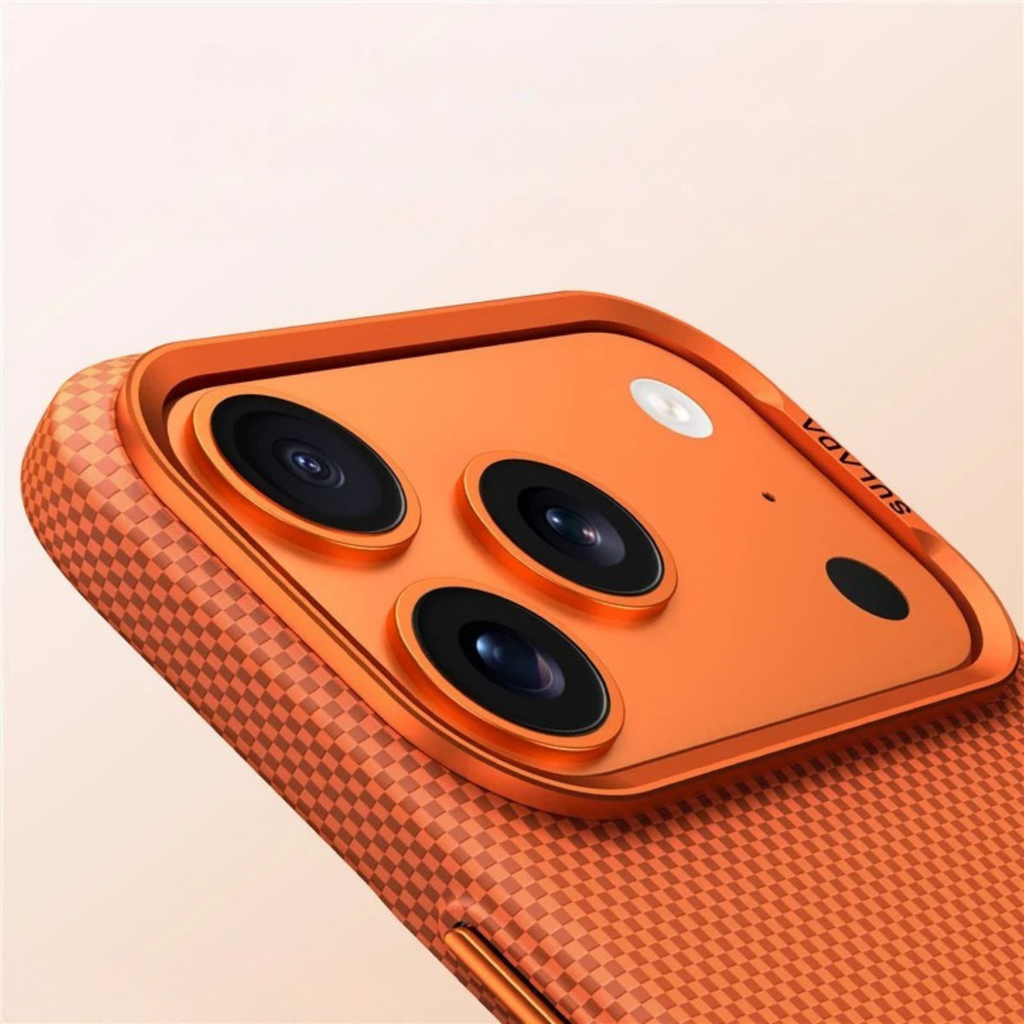 Carbon Fiber Style iPhone Case with Camera Lens Kickstand and Metal Style Frame