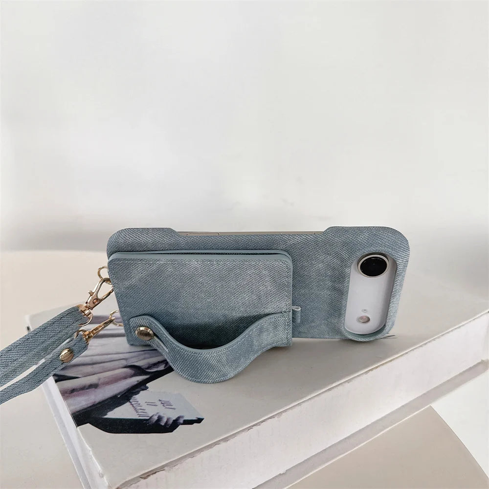 Denim Crossbody iPhone Case with Card Holder Wallet and Detachable Lanyard Strap