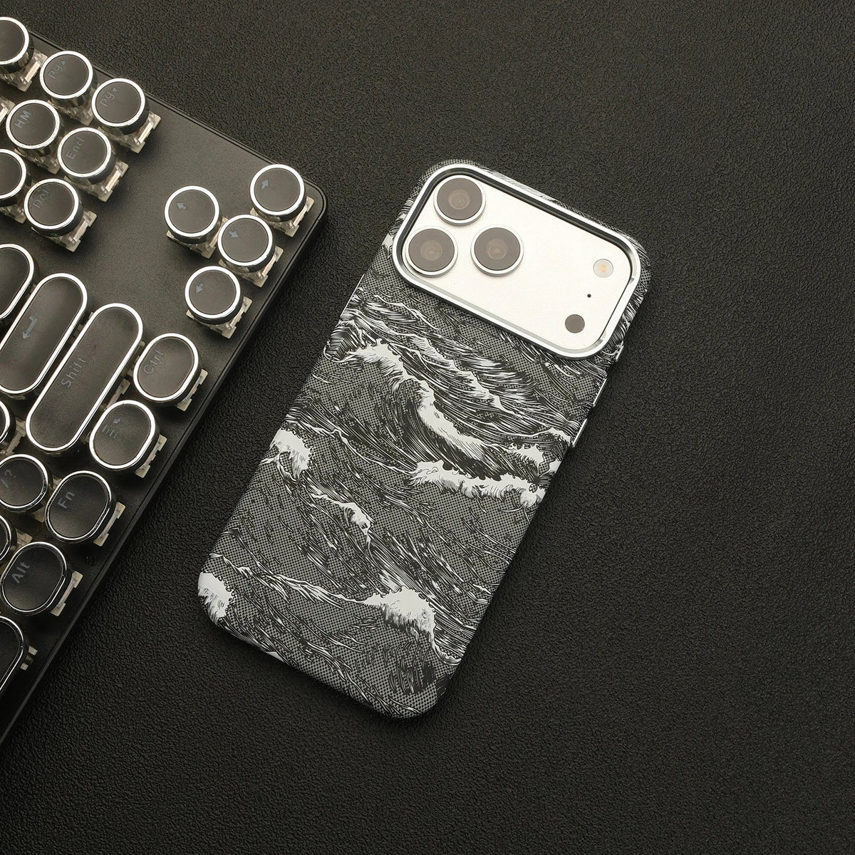 Ocean Wave Art iPhone Case with Metal Style Camera Frame and Lens Guard