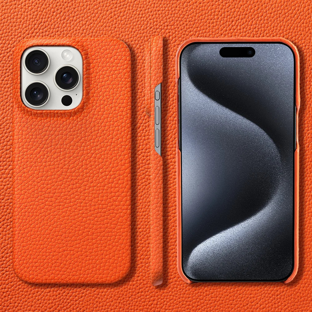 Premium Grain Leather Look iPhone Case Open Edge Design with Exposed Buttons