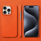 Premium Grain Leather Look iPhone Case Open Edge Design with Exposed Buttons