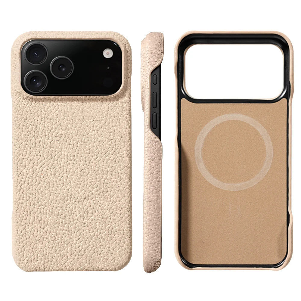 Premium Grain Leather Look iPhone Case Open Edge Design with Exposed Buttons
