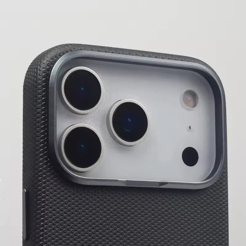 Two Tone Textured iPhone Case with Leather Panel and Metal Style Camera Frame
