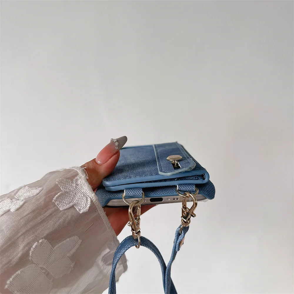 Denim Crossbody iPhone Case with Card Holder Wallet and Detachable Lanyard Strap