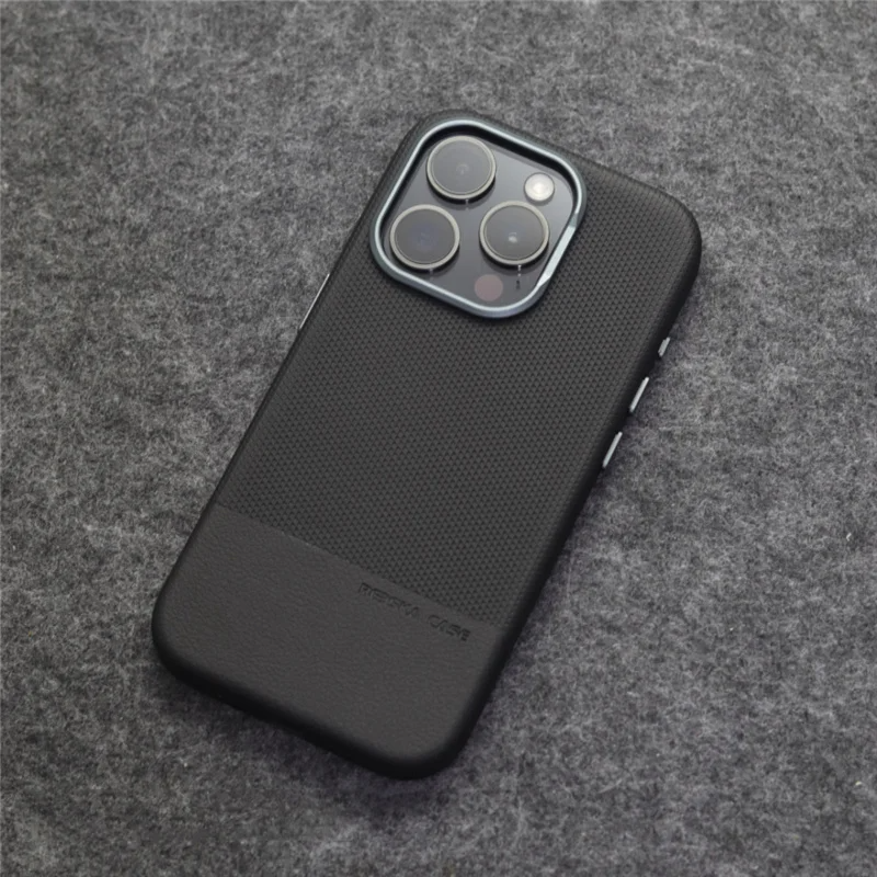 Two Tone Textured iPhone Case with Leather Panel and Metal Style Camera Frame
