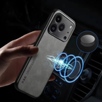 Suede Leather Texture MagSafe iPhone Case with Metal Style Camera Frame and Lens Guard
