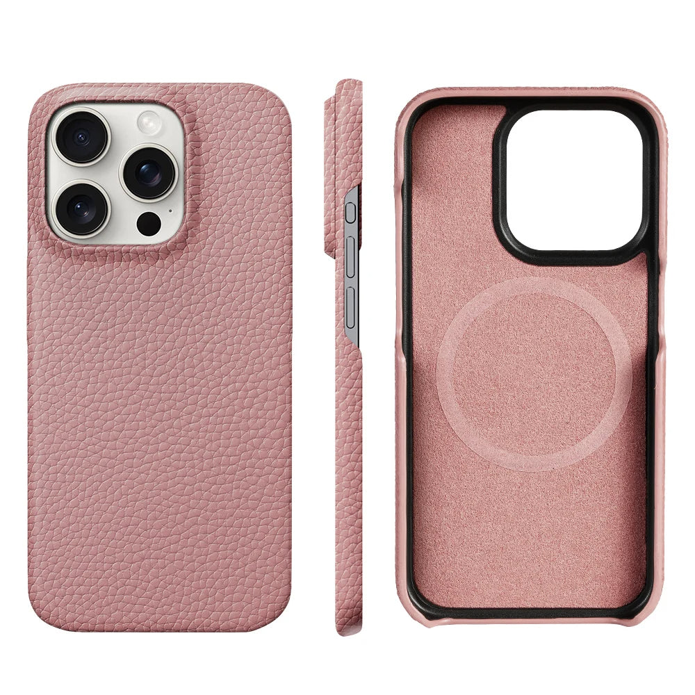 Premium Grain Leather Look iPhone Case Open Edge Design with Exposed Buttons