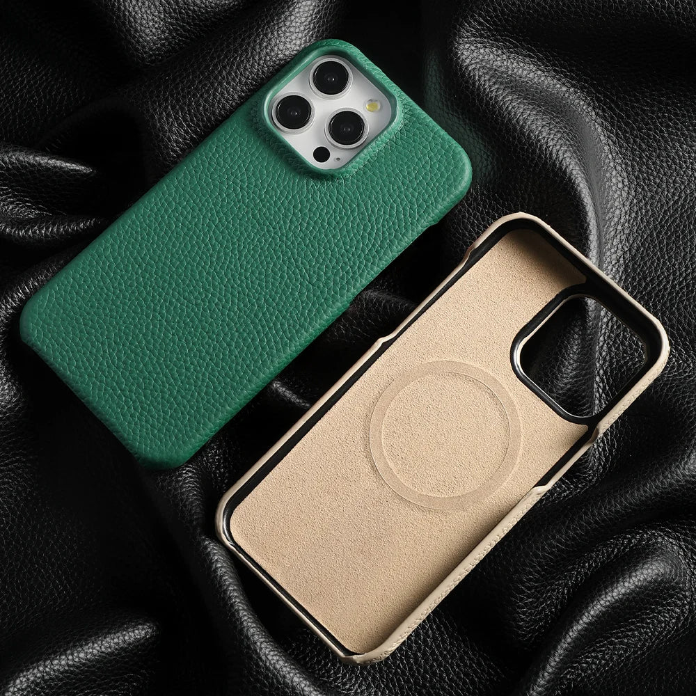 Premium Grain Leather Look iPhone Case Open Edge Design with Exposed Buttons