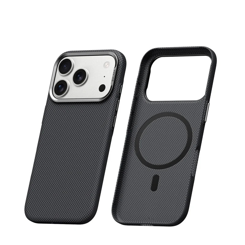 Carbon Fiber Style iPhone Case with Camera Lens Kickstand and Metal Style Frame