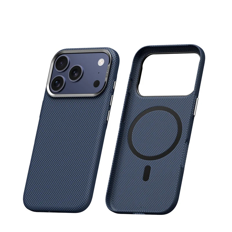 Carbon Fiber Style iPhone Case with Camera Lens Kickstand and Metal Style Frame