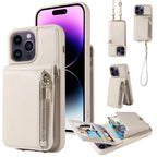 Leather Zipper Wallet iPhone Case with Crossbody Strap