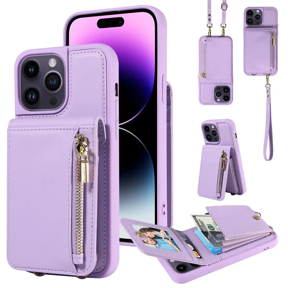 Leather Zipper Wallet iPhone Case with Crossbody Strap