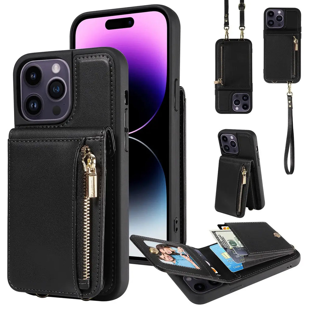 Leather Zipper Wallet iPhone Case with Crossbody Strap