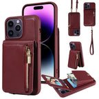 Leather Zipper Wallet iPhone Case with Crossbody Strap