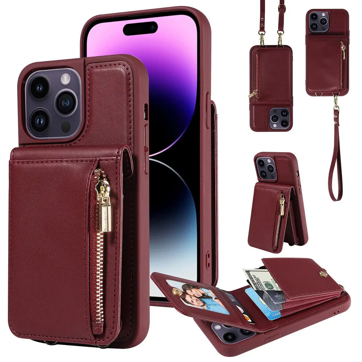 Leather Zipper Wallet iPhone Case with Crossbody Strap