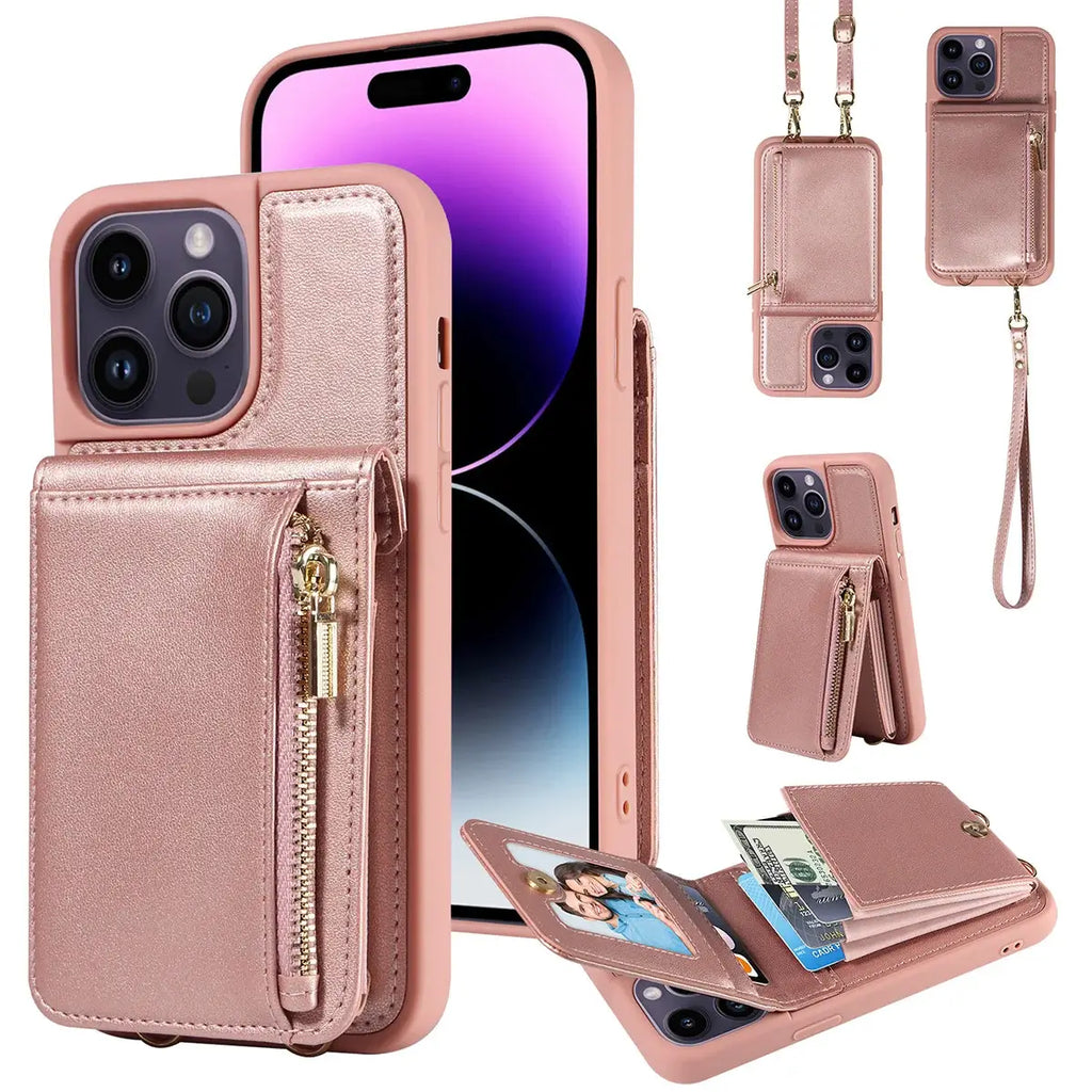 Leather Zipper Wallet iPhone Case with Crossbody Strap