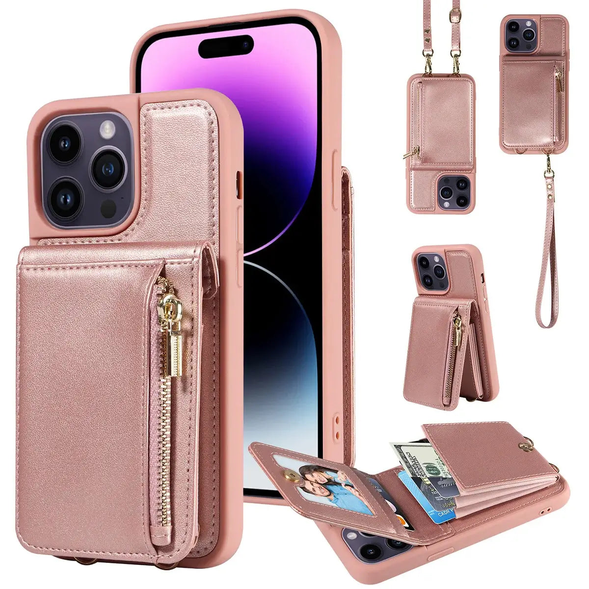 Leather Zipper Wallet iPhone Case with Crossbody Strap