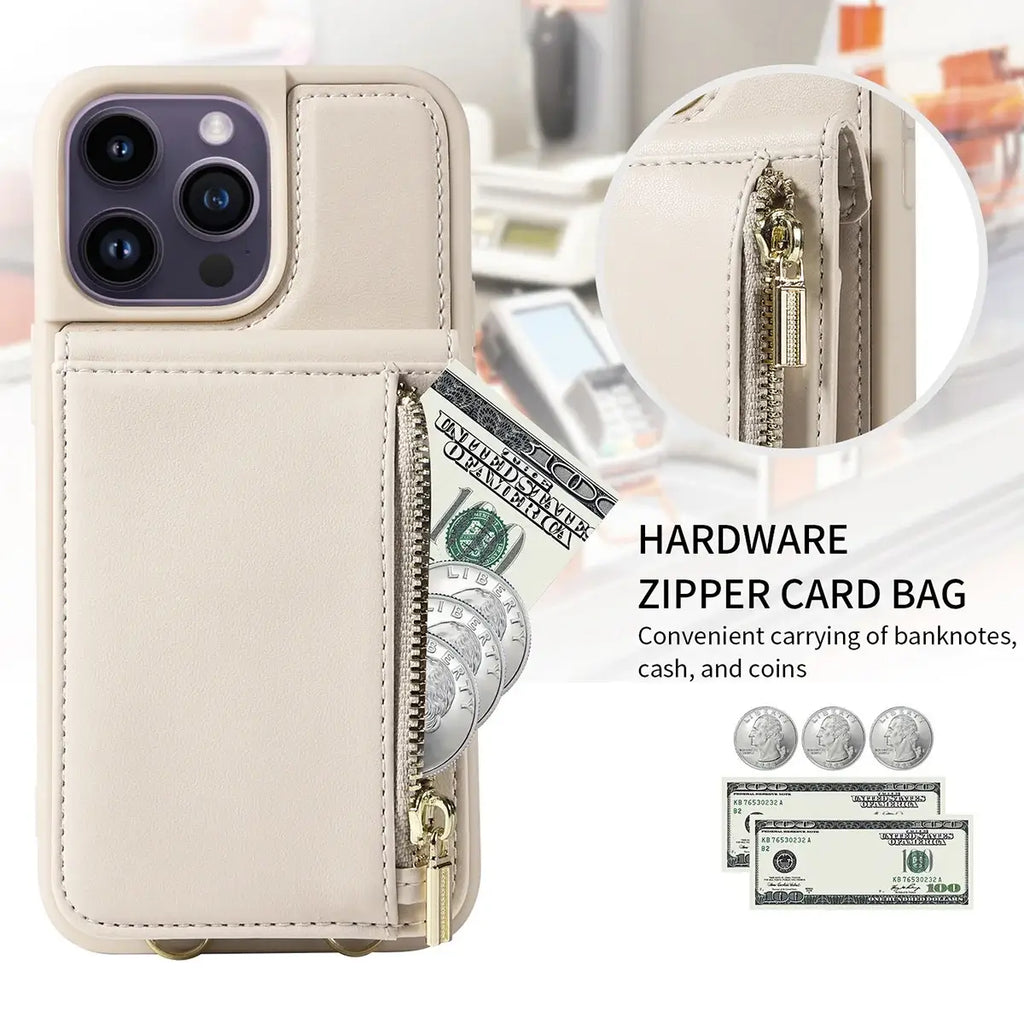 Leather Zipper Wallet iPhone Case with Crossbody Strap
