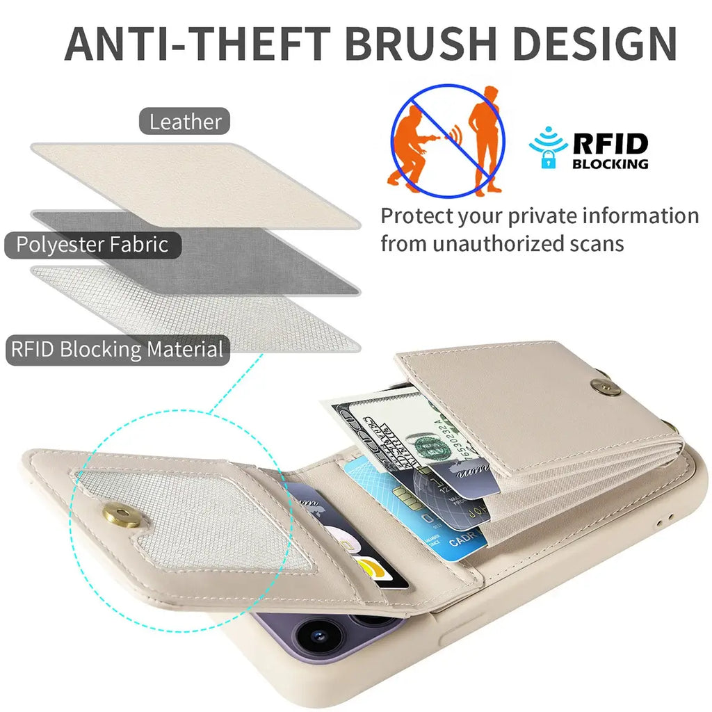 Leather Zipper Wallet iPhone Case with Crossbody Strap