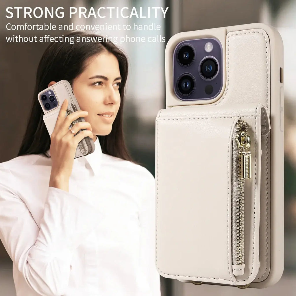 Leather Zipper Wallet iPhone Case with Crossbody Strap