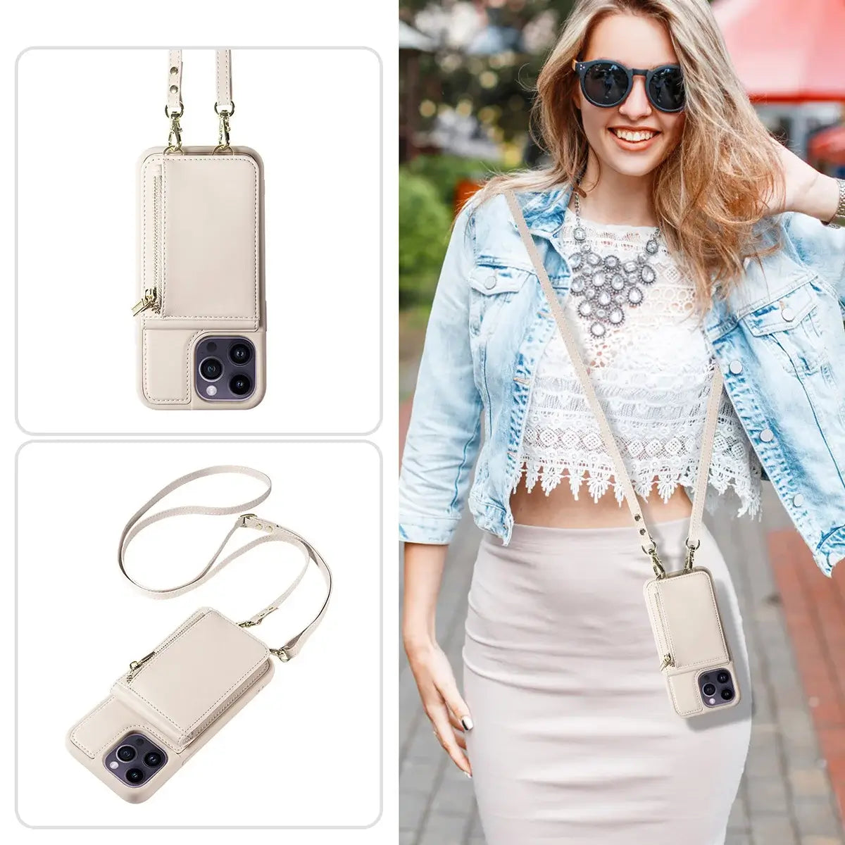 Leather Zipper Wallet iPhone Case with Crossbody Strap