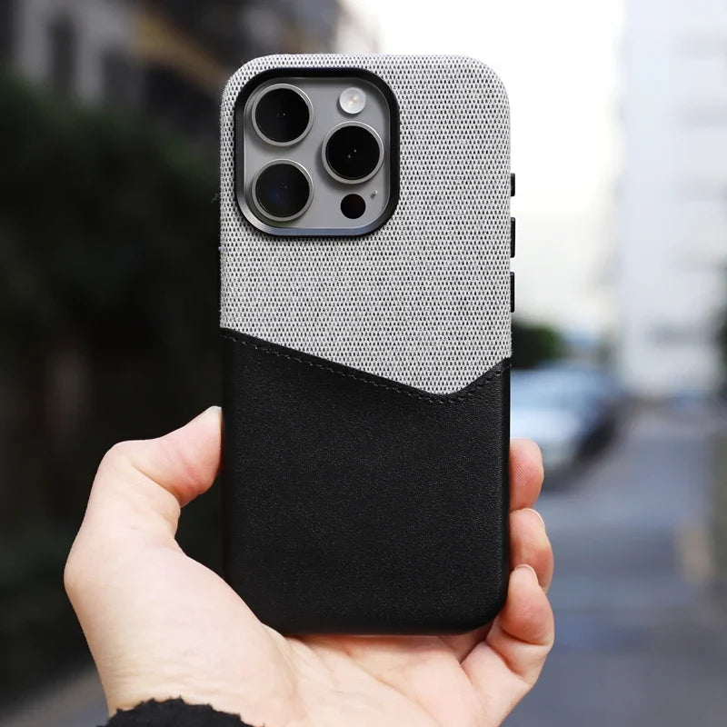 Two Tone Fabric Leather iPhone Case with Back Card Slot and Slim Protective Shell