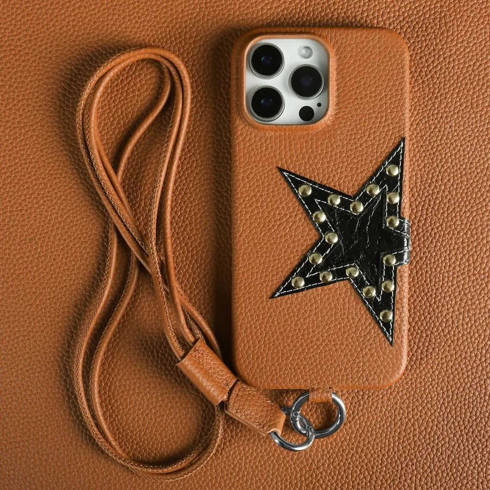 Studded Star iPhone Case with Leather Texture and Detachable Crossbody Lanyard