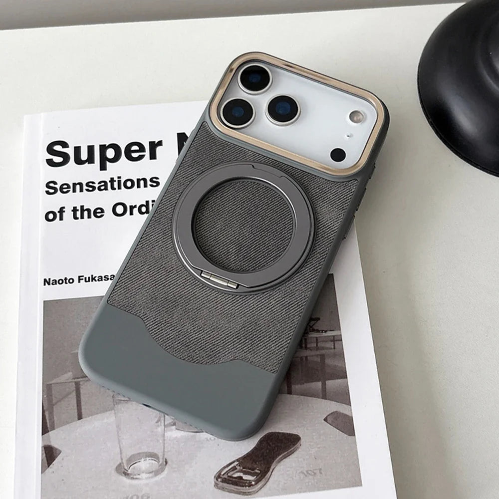 Denim Texture MagSafe iPhone Case with Rotating Ring Stand and Camera Lens Frame